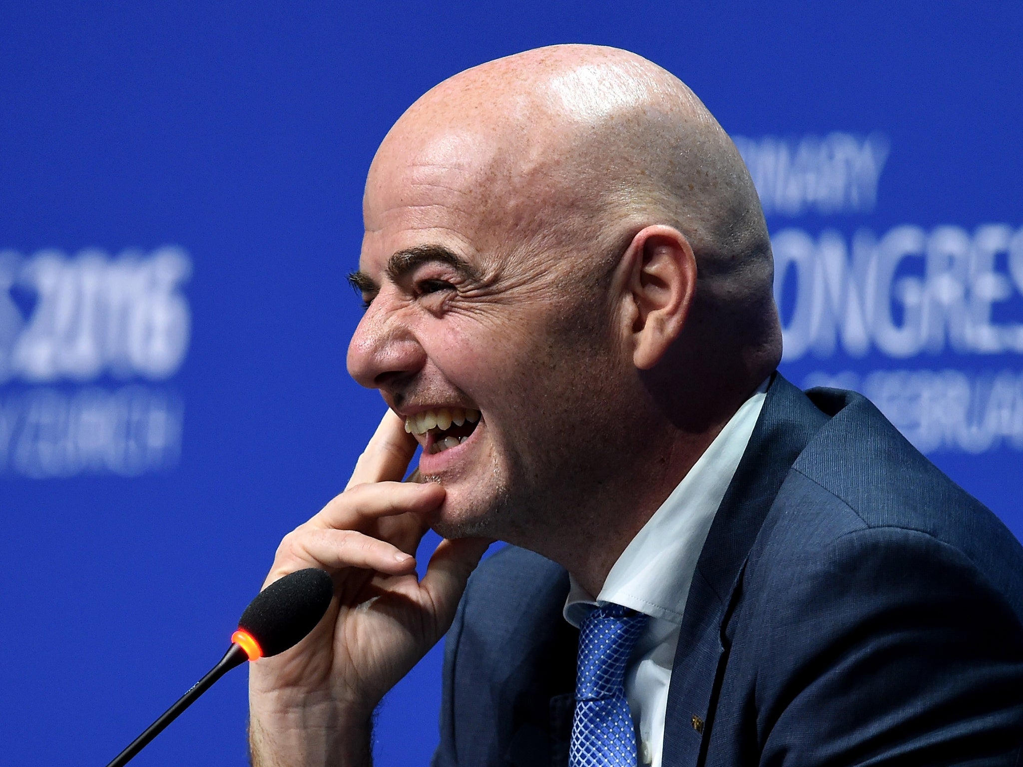 Gianni Infantino gestures as hespeaking in Zurich yesterday: he promised to share out Fifa’s wealth more widely reuters