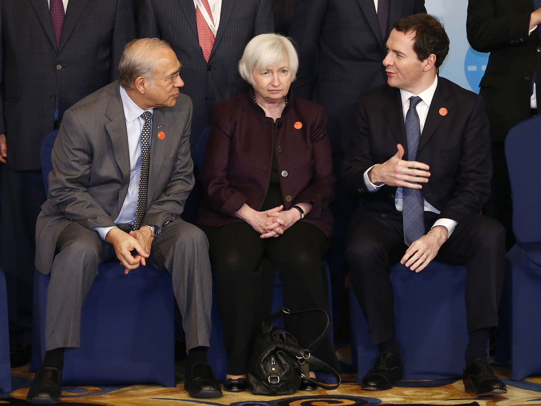 George Osborne talks to OECD Secretary General Jose Angel Gurria and US Federal Reserve Board Chair Janet Yellen in Shanghai