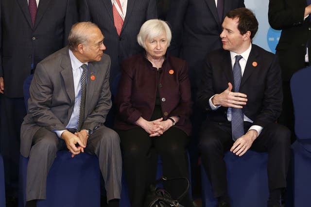 George Osborne talks to OECD Secretary General Jose Angel Gurria and US Federal Reserve Board Chair Janet Yellen in Shanghai