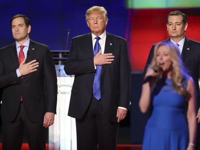 Donald Trump, flanked by Marco Rubio, left, and Ted Cruz