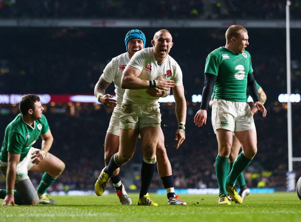 Mike Brown evades Robbie Henshaw to score England’s second try
