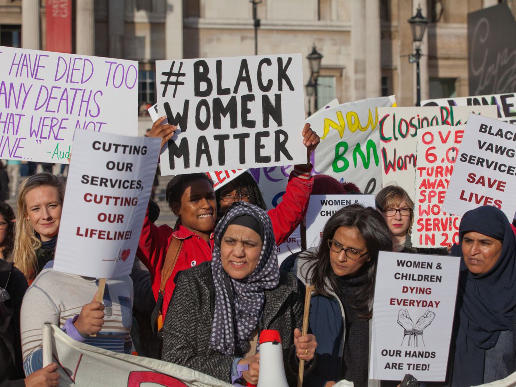 Campaigners protest against the withdrawal of funding for the Apna Haq specialist minority ethnic women's domestic violence support service, in London last year