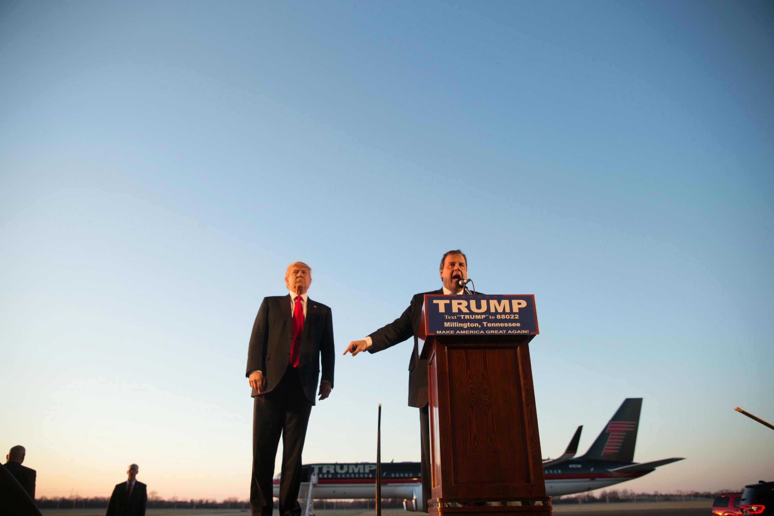 Mr Christie introduced the mogul at the rally in Millington, Tennessee