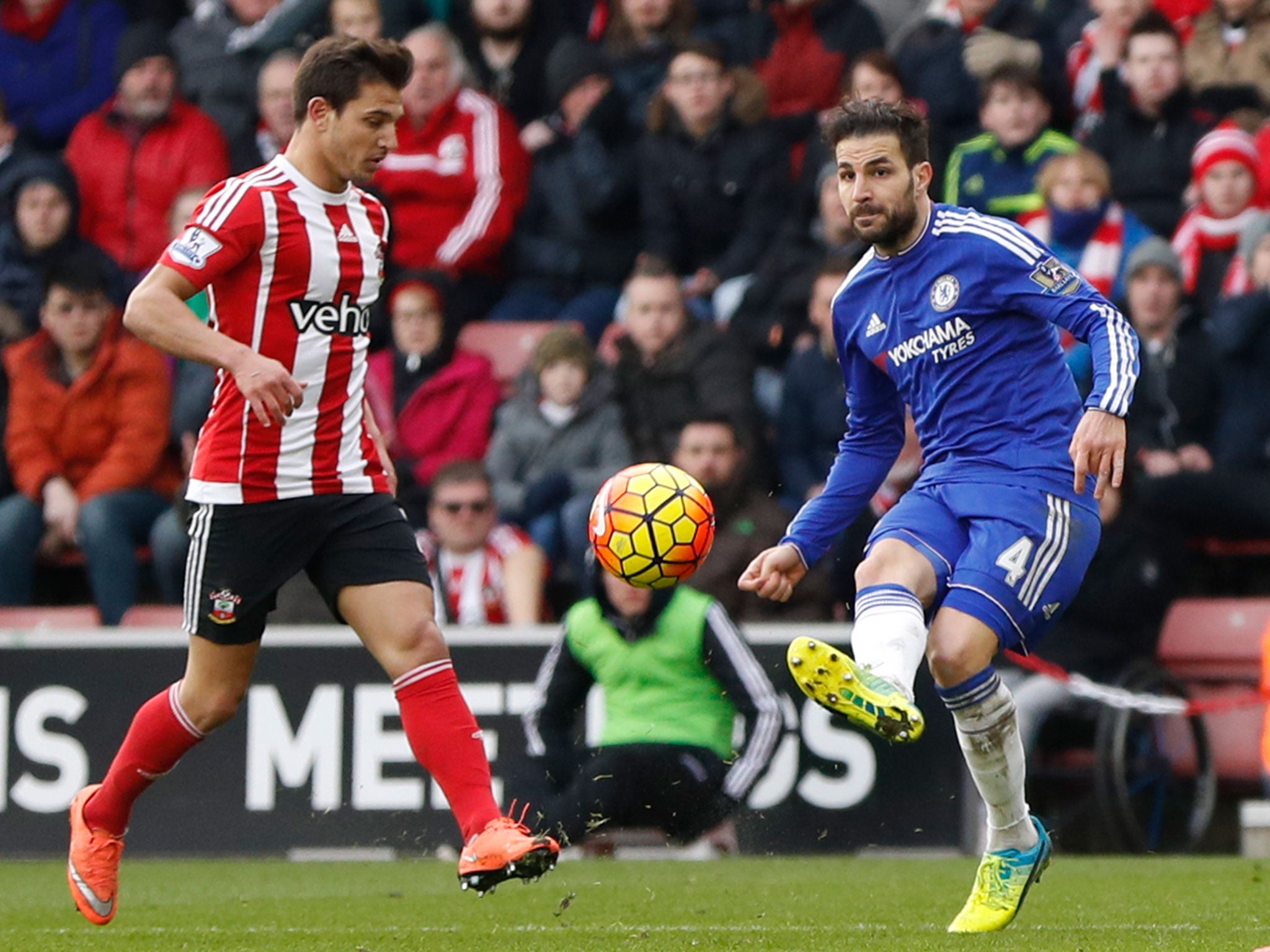 Cesc Fabregas scores for Chelsea with a misdirected cross against Southampton