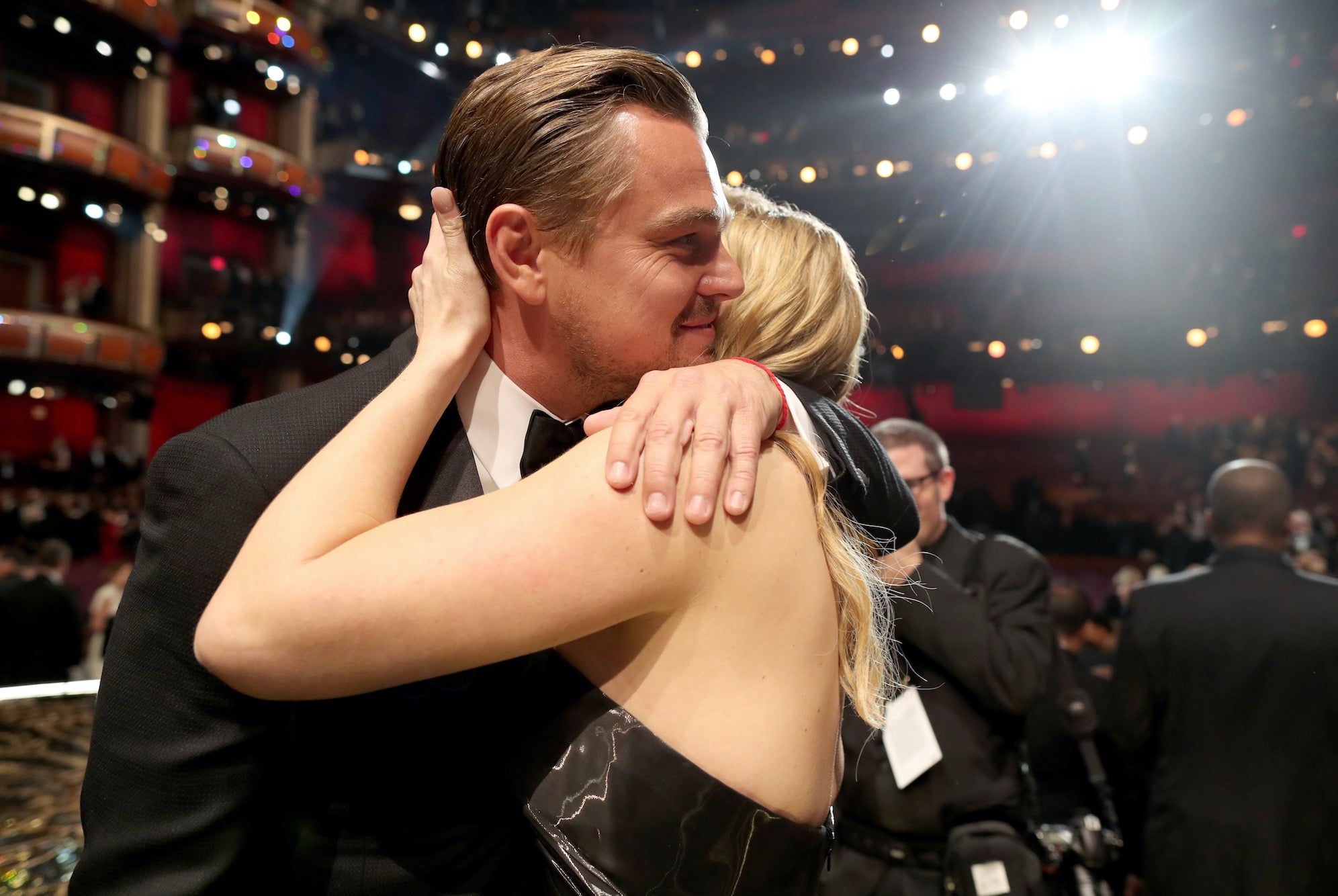 DiCaprio is congratulated by Kate Winslet