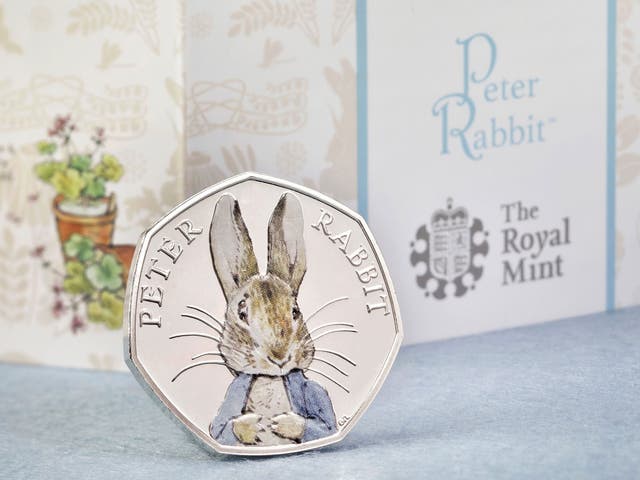 Royal Mint photo of their special edition coloured Peter Rabbit  coin, an addition to its Beatrix Potter range part of the celebrations that mark 150 years since the author's birth