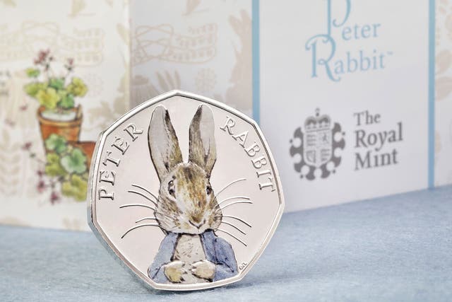 Royal Mint photo of their special edition coloured Peter Rabbit  coin, an addition to its Beatrix Potter range part of the celebrations that mark 150 years since the author's birth