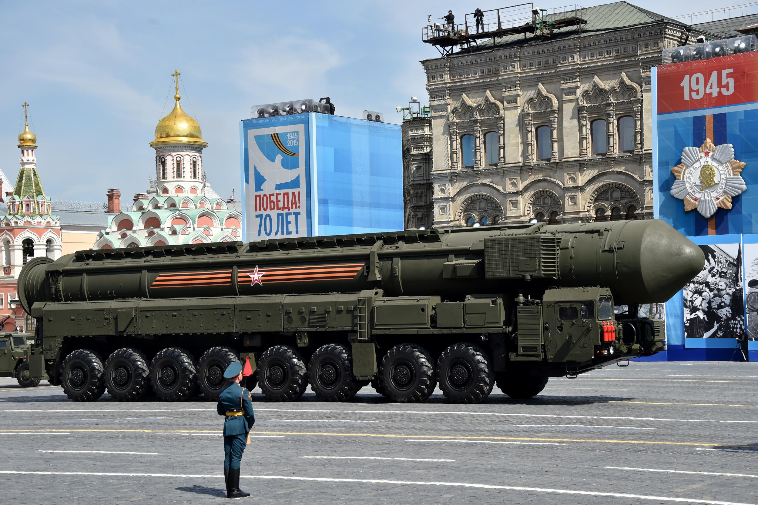 A Russian Yars RS-24 intercontinental ballistic missile system drives through Red Square in Moscow during the Victory Day military parade in May 2015