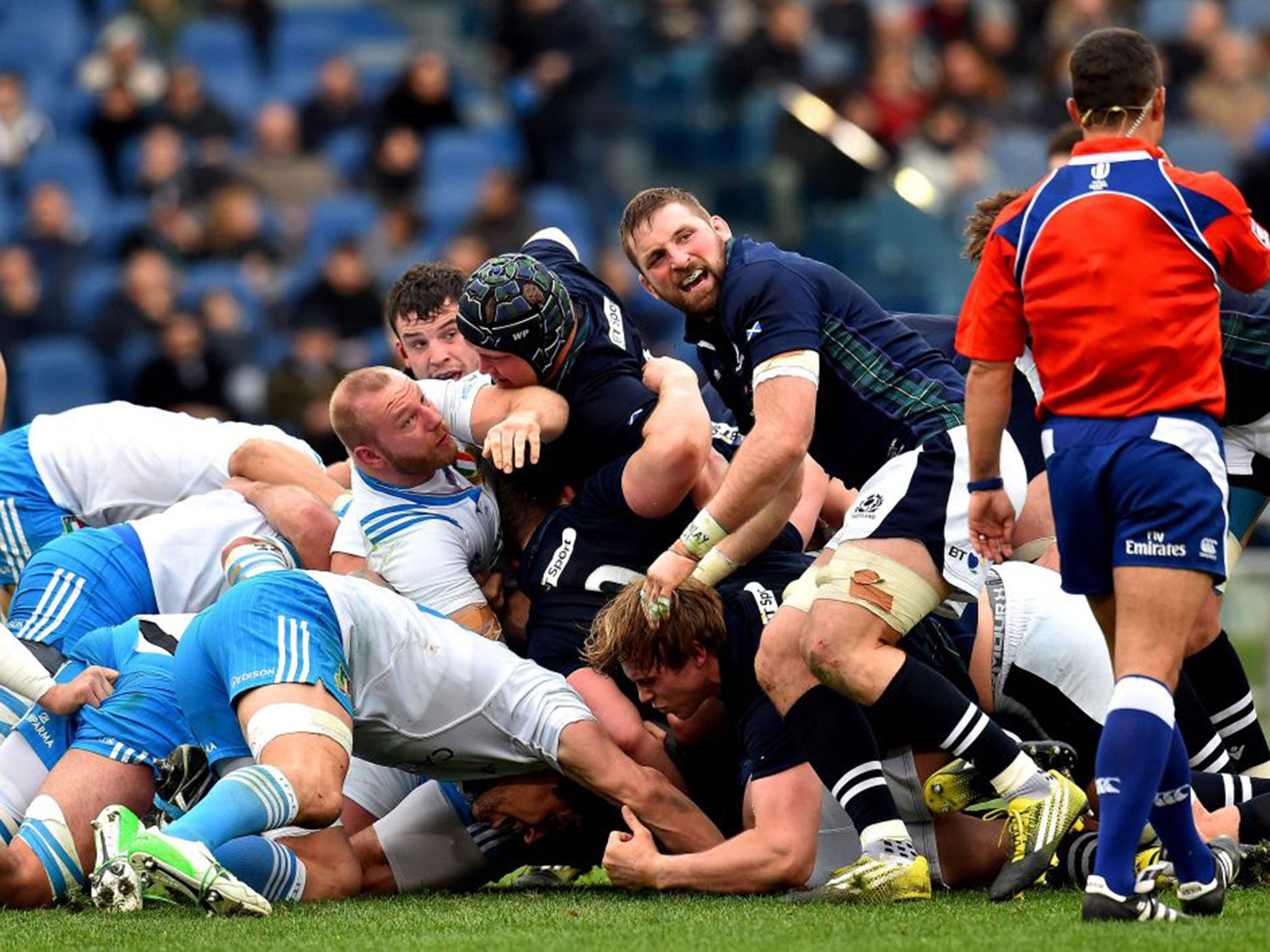 A scrum goes down in the Italy v Scotland game