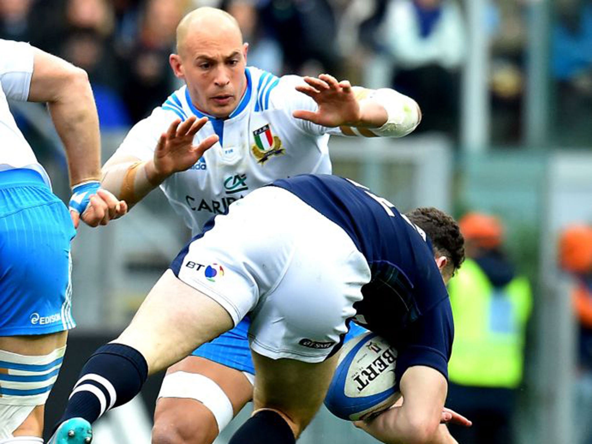 Sergio Parisse attempts to stop Matt Scott during the Italy v Scotland game