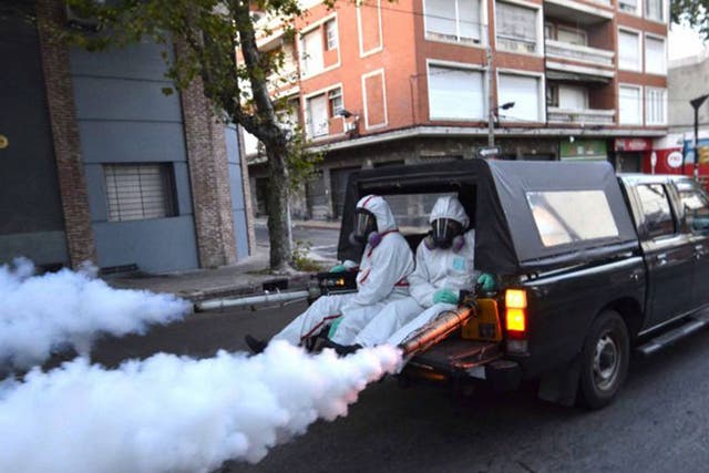 Health workers fumigating in Montevideo, Uruguay, last week to eradicate mosquitoes