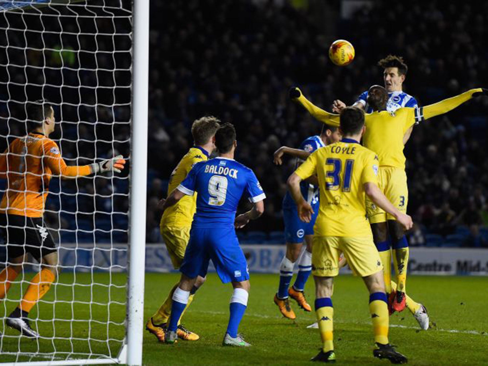 Lewis Dunk heads home to put Brighton 4-0 ahead after just 38 minutes against Leeds at the Amex Stadium