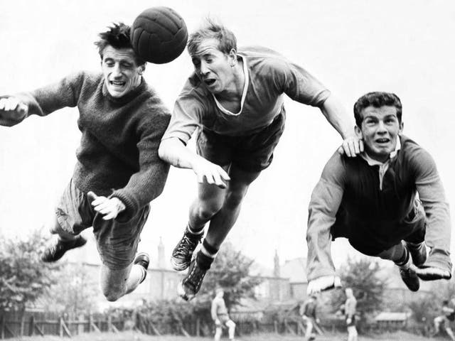 Dennis Viollet training with Bobby Charlton and Johnny Giles in 1960
