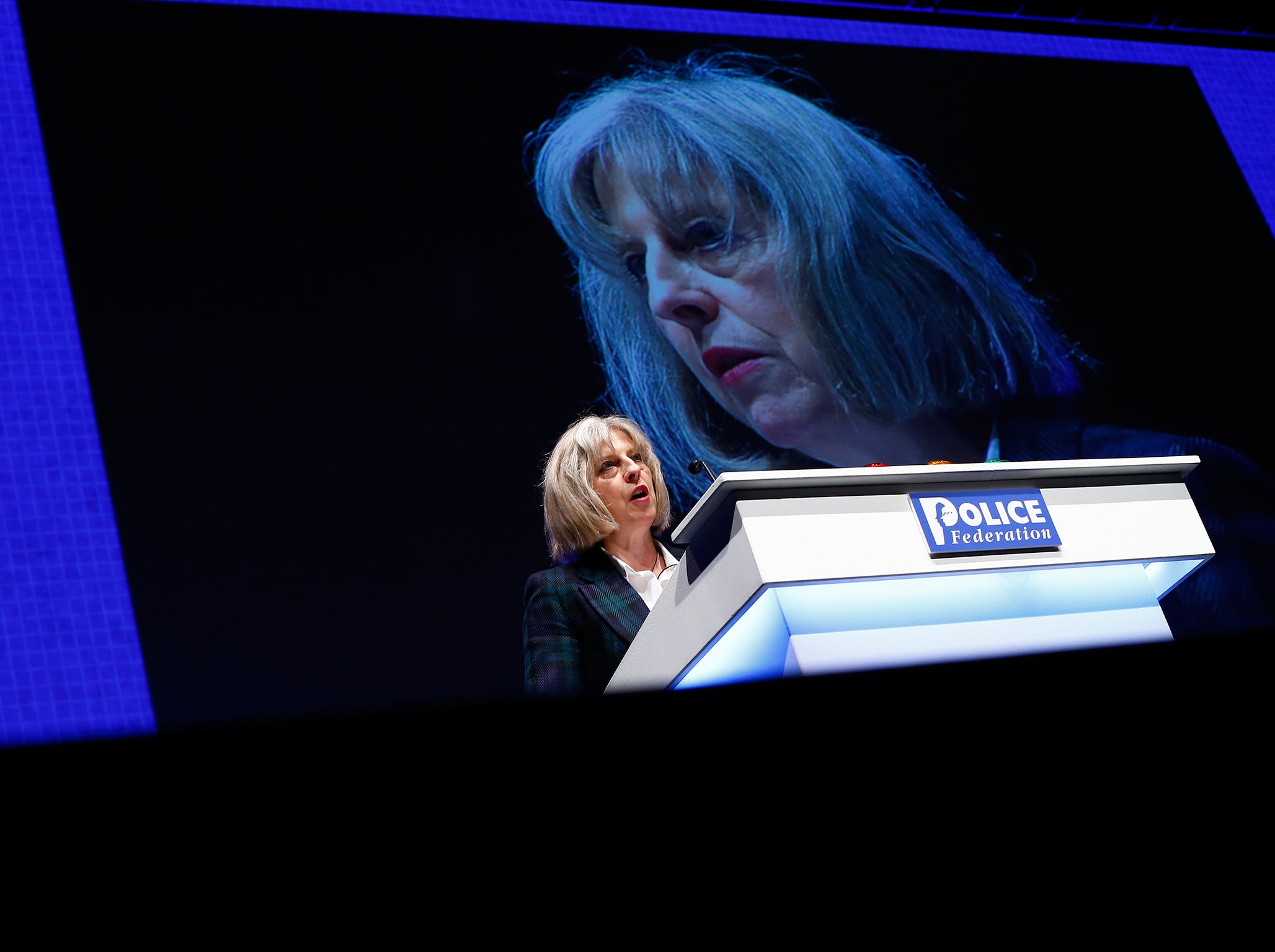 Britain's Home Secretary Theresa May addresses the Police Federation's conference in Bournemouth, southern England May 21, 2014