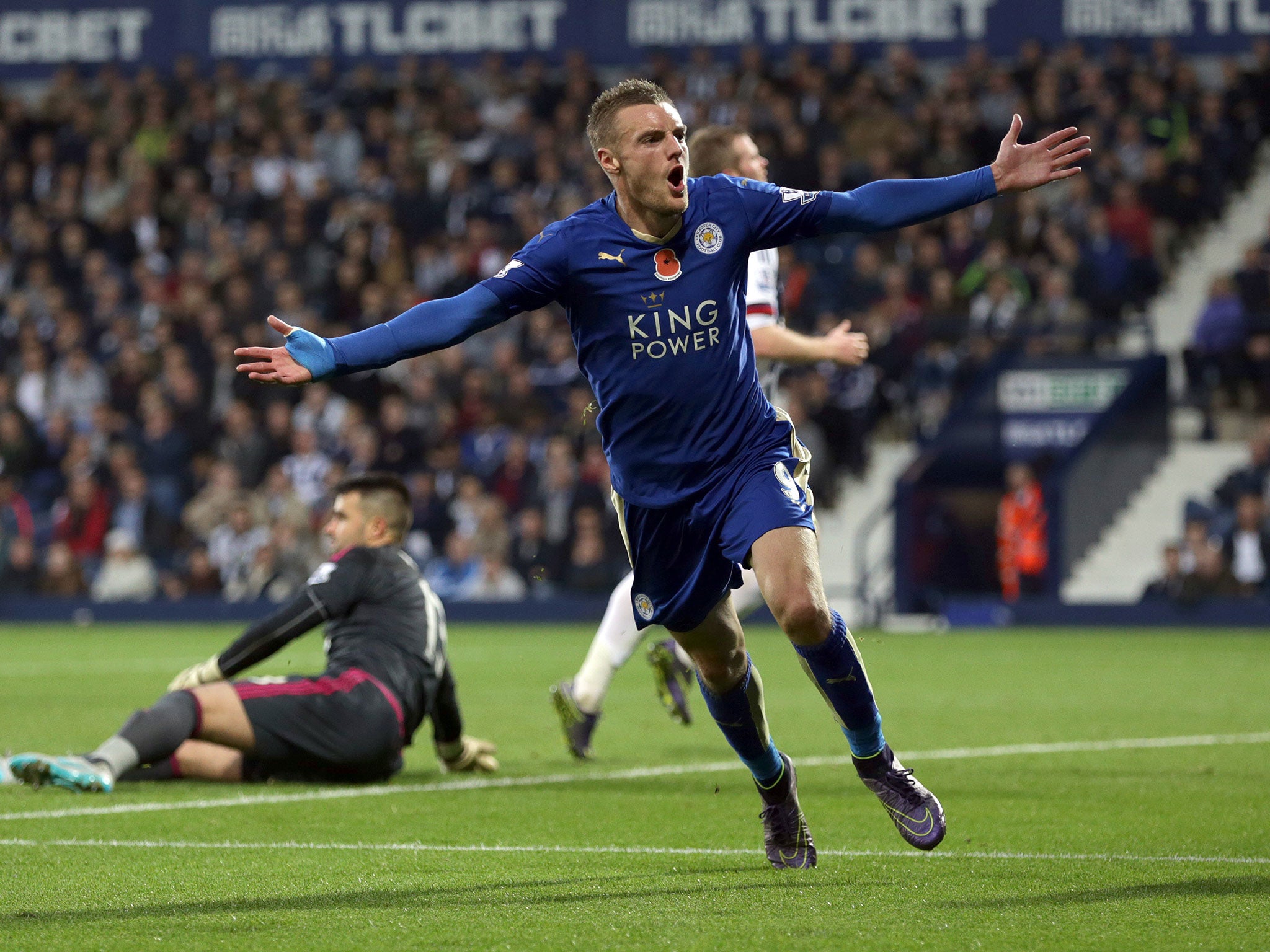 Jamie Vardy celebrates scoring against West Brom earlier this season