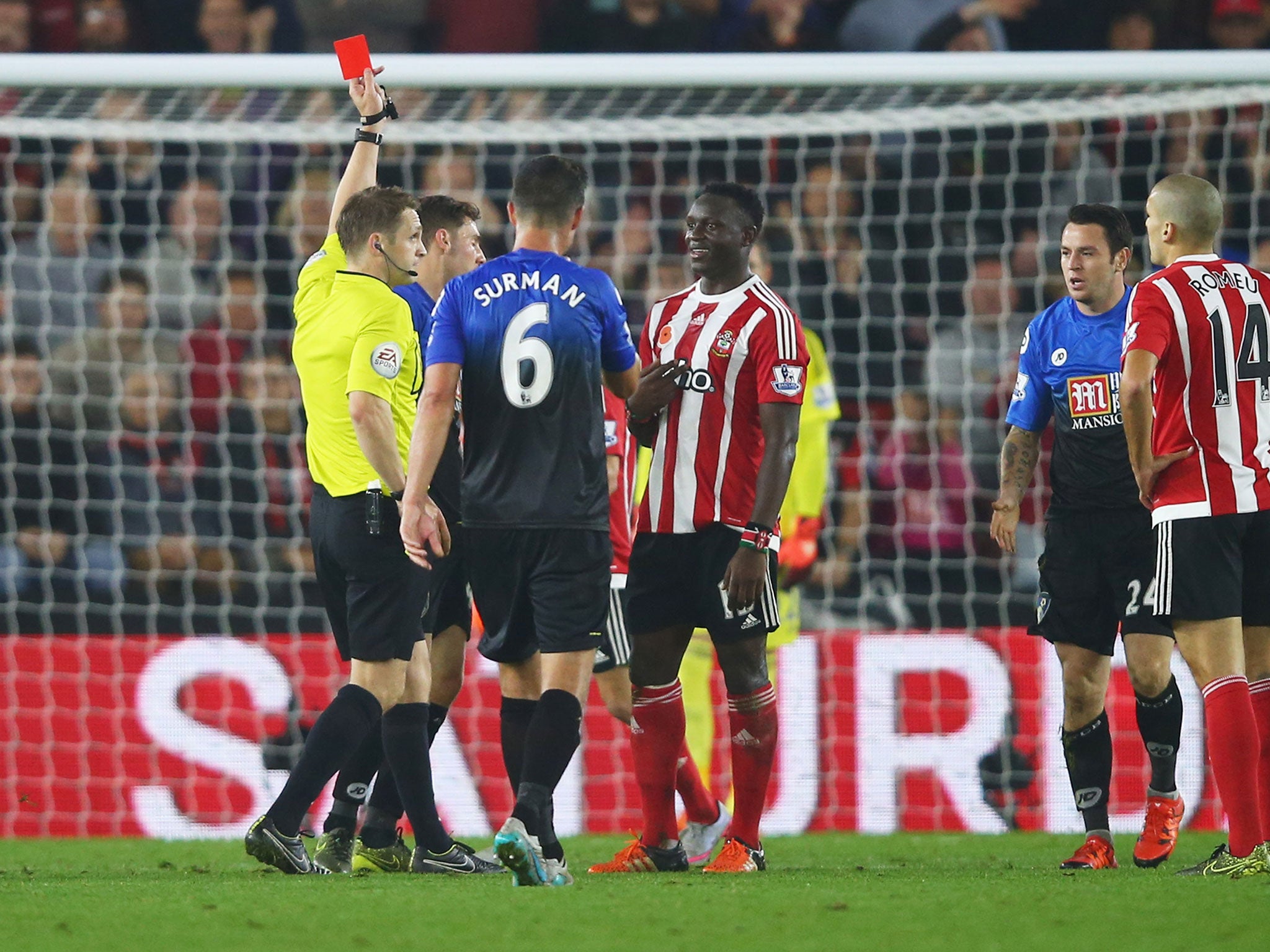 Victor Wanyama is shown a red card during Southampton's match with Bournemouth earlier this season