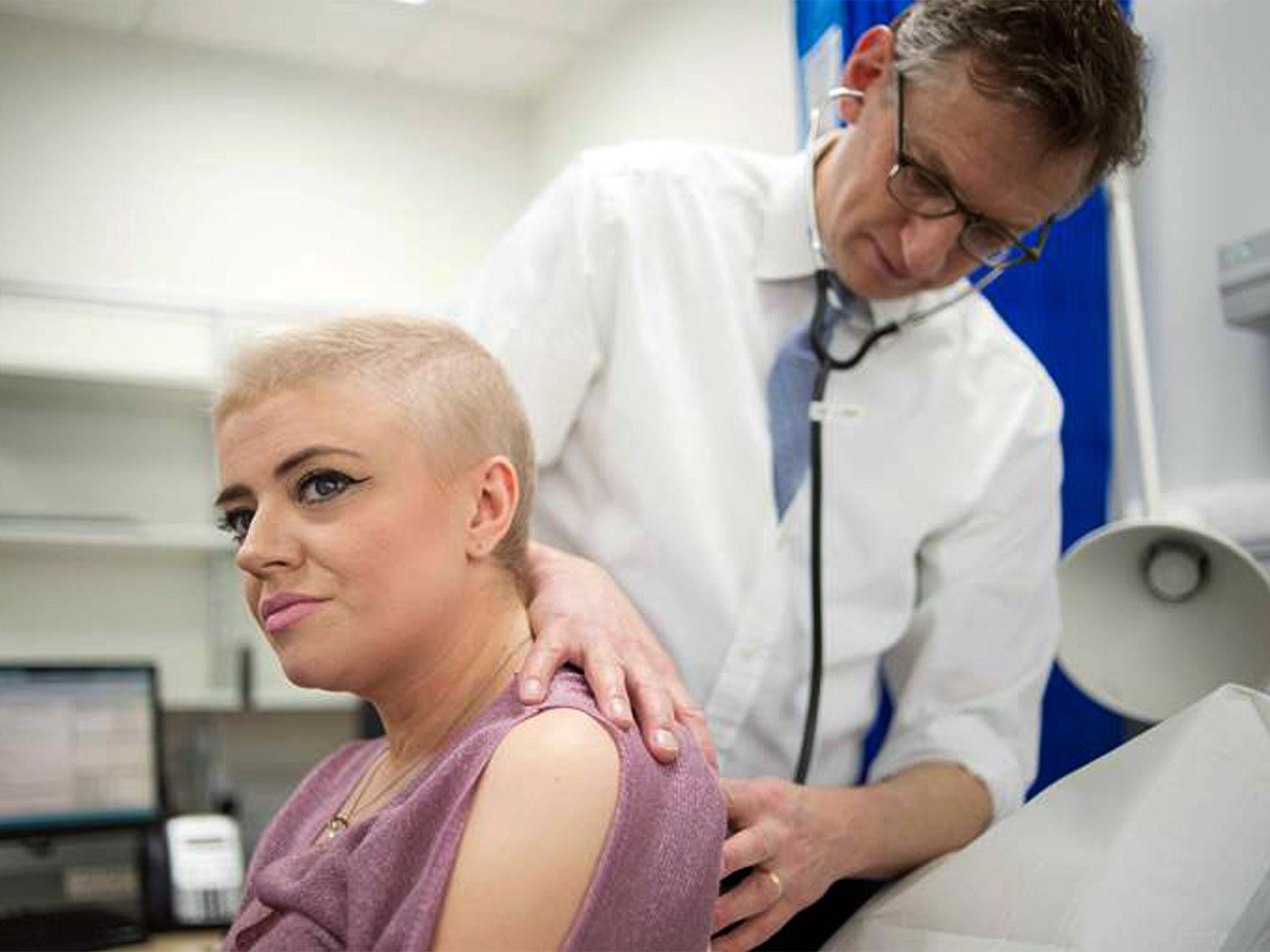 Kelly Potter with Dr James Spicer; the drug stimulates the immune system to attack cancer cells