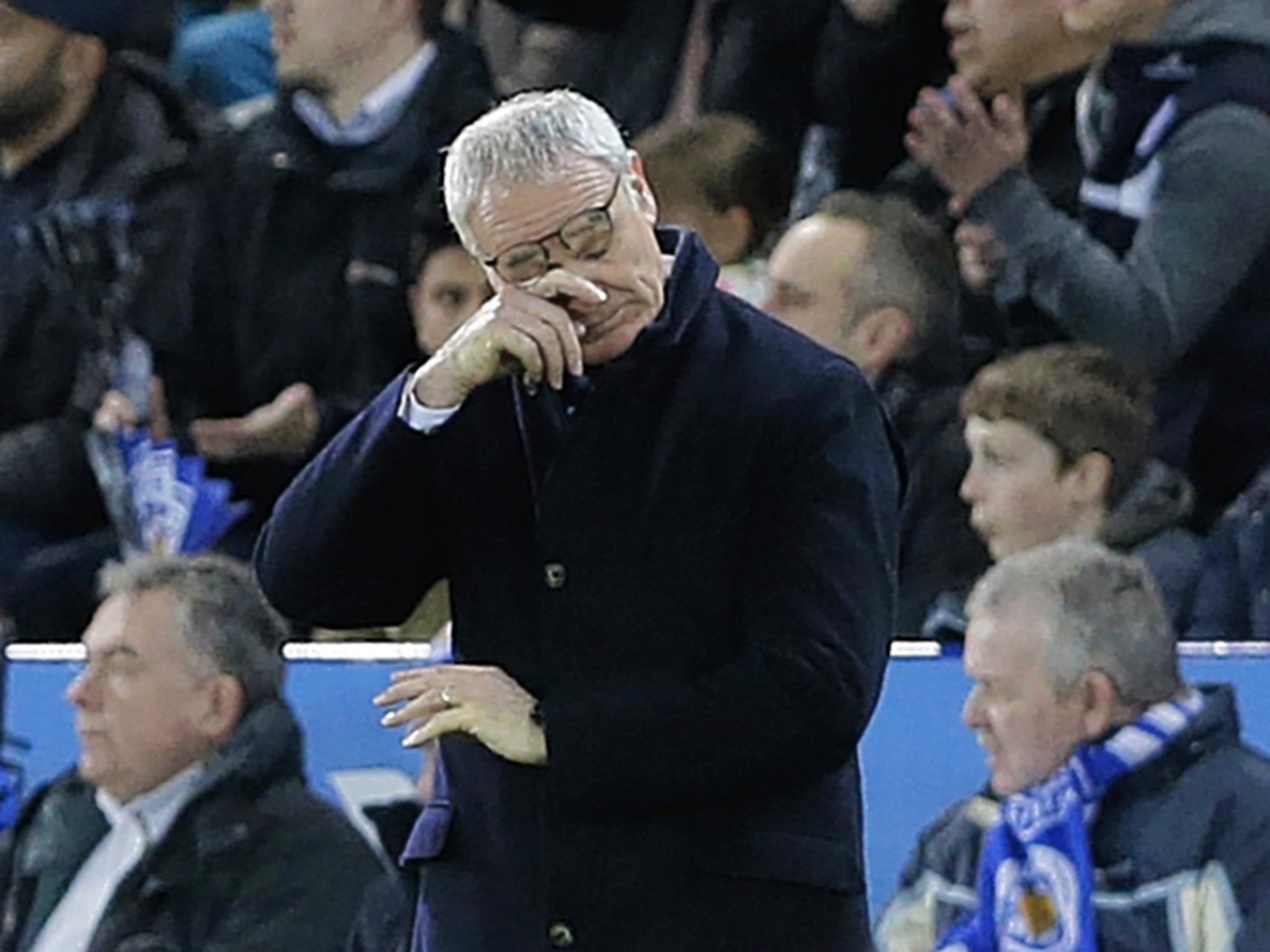 Claudio Ranieri shows signs of pressure on the touchline last night – in contrast to his usually carefree attitude