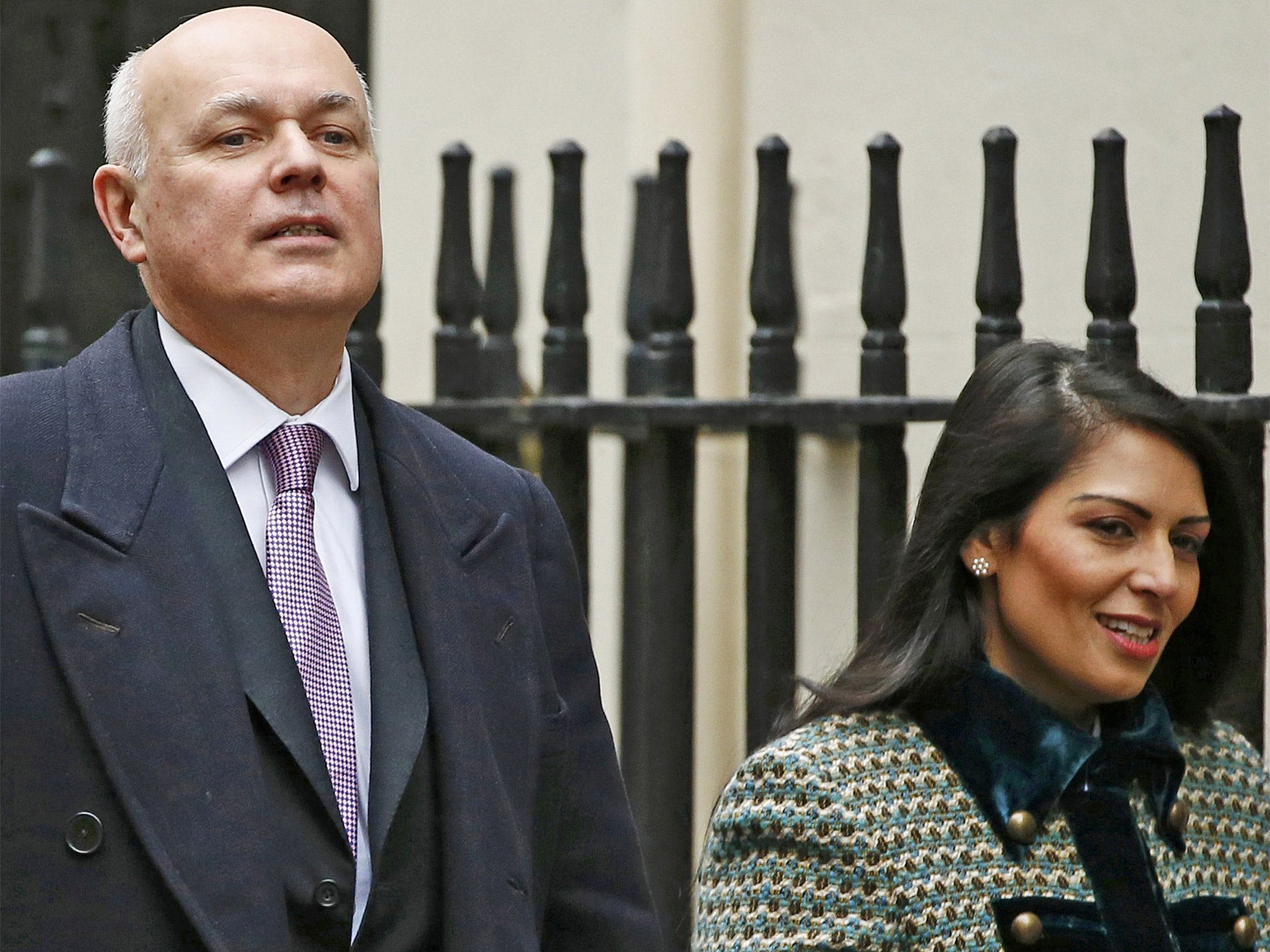 Out campaigners Iain Duncan Smith and Priti Patel arrive to attend a cabinet meeting at Number 10 Downing Street on Tuesday