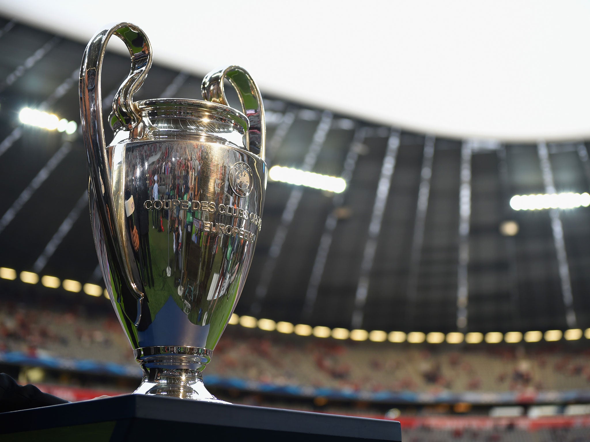 A view of the Champions League trophy at the Allianz Arena last season