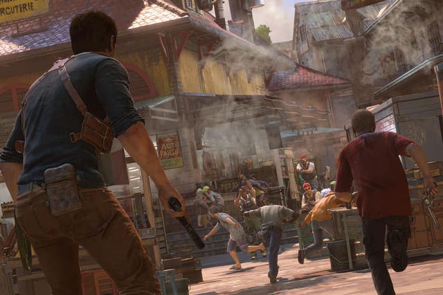 Nathan Drake faces enemies in a screenshot from Uncharted 4