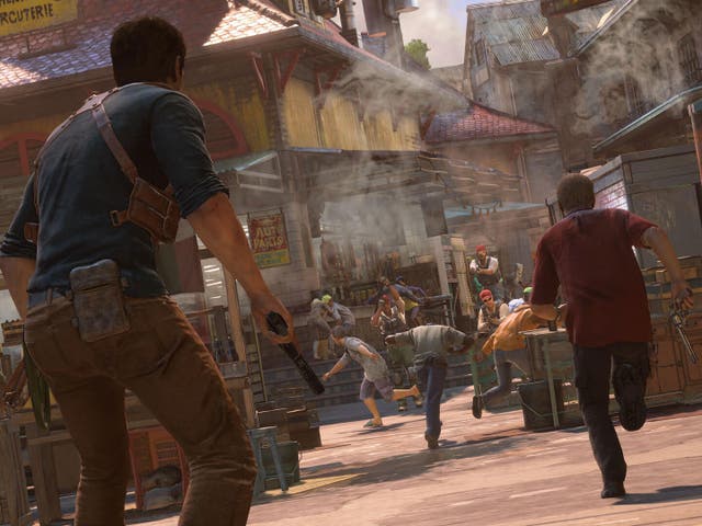 Nathan Drake faces enemies in a screenshot from Uncharted 4