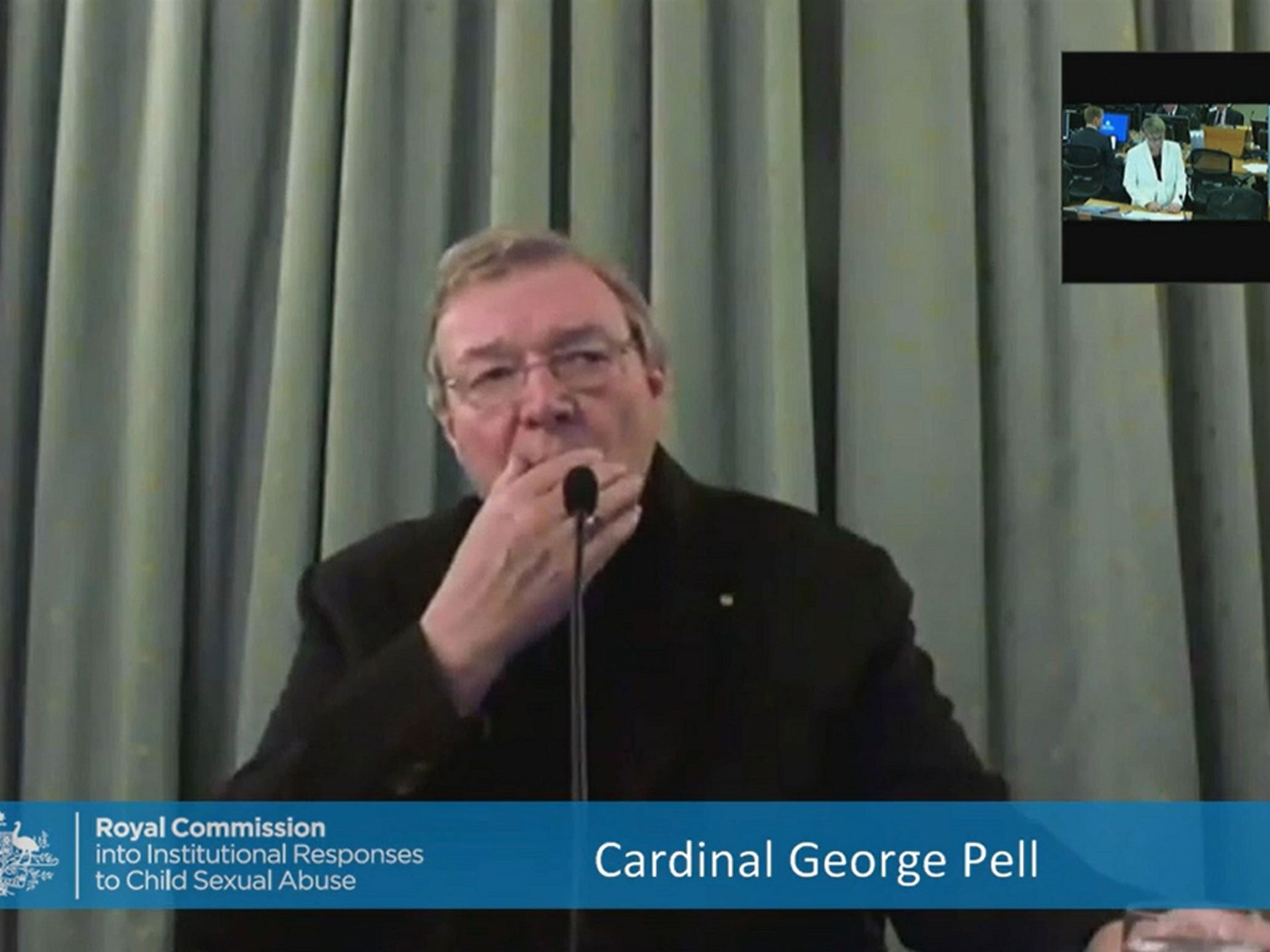 Australia's Cardinal George Pell giving evidence via video-link from a hotel in Rome to the Royal Commission in Sydney