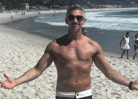 Gary Lineker poses on a Cape Town beach during a holiday to South Africa