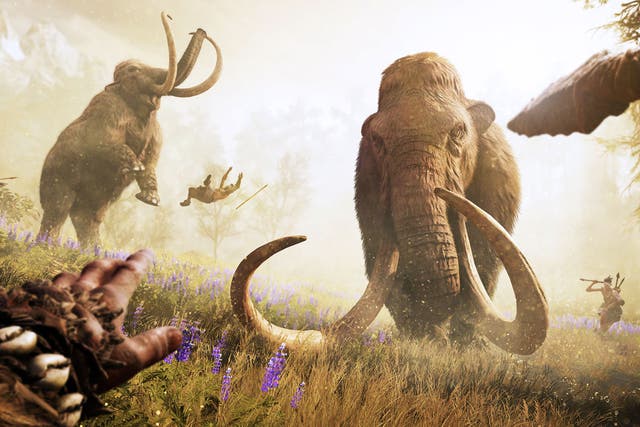 Far Cry Primal's protagonist, Takkar, takes on a wooly mammoth
