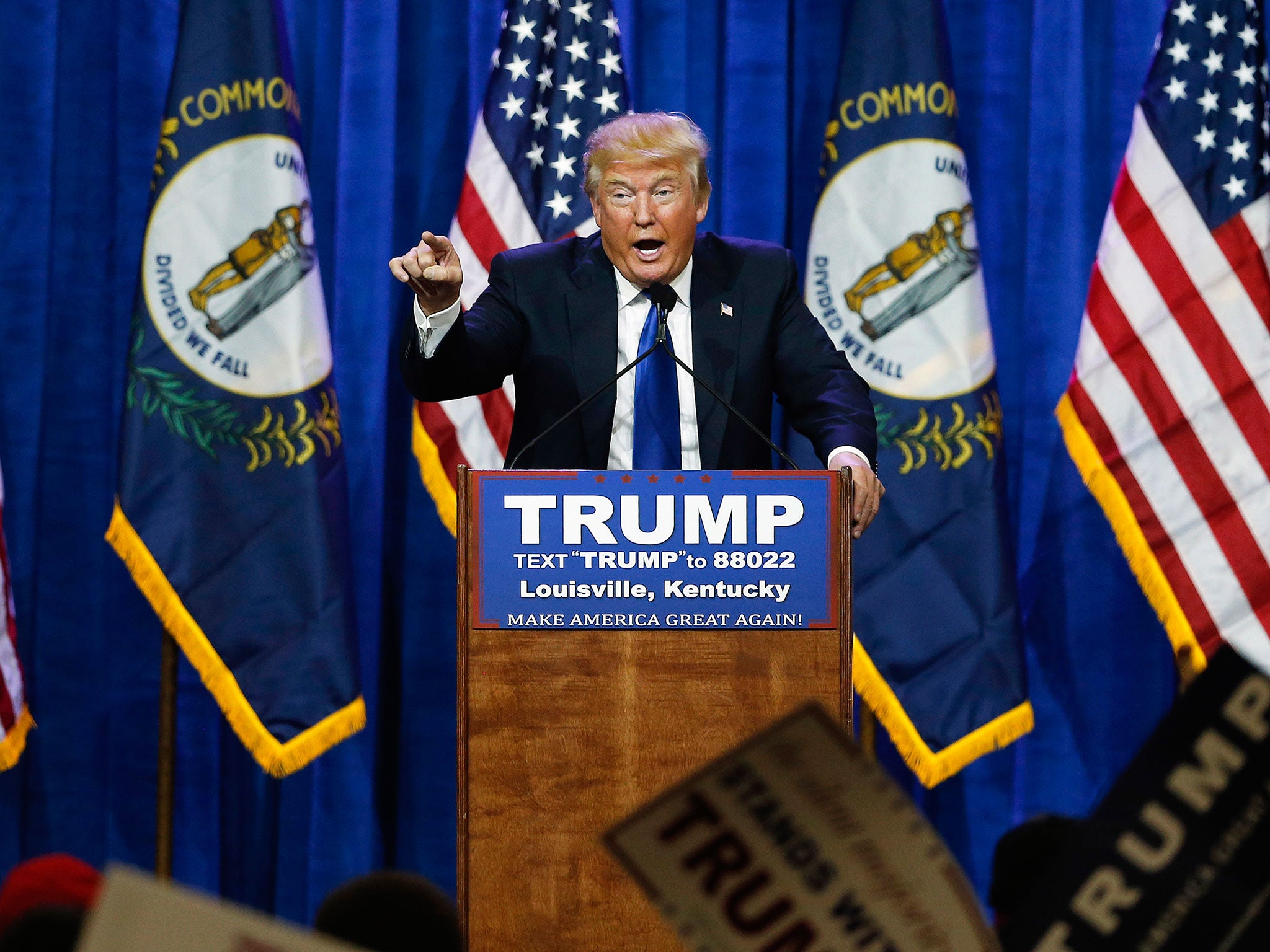 Republican presidential candidate Donald Trump speaks during a rally in Louisville, Kentucky