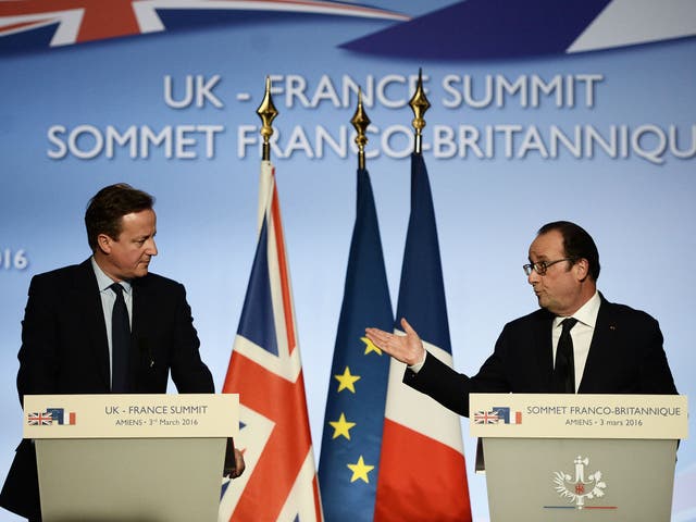 David Cameron and Francois Hollande give a press conference in Amiens, northern France, during the 34th Franco-British summit