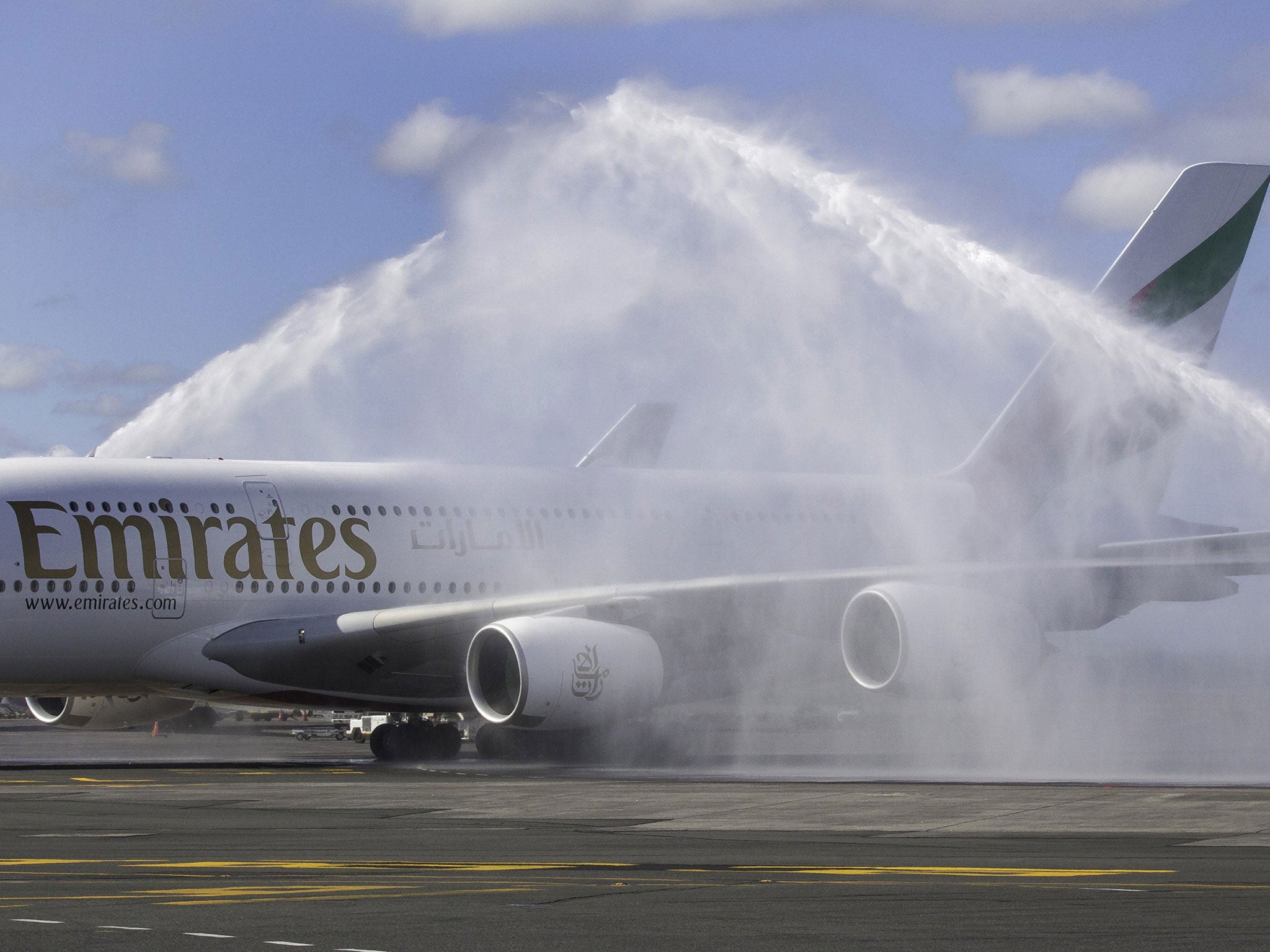 The Emirates Airbus A380 on the tarmac shortly after touching down in Auckland