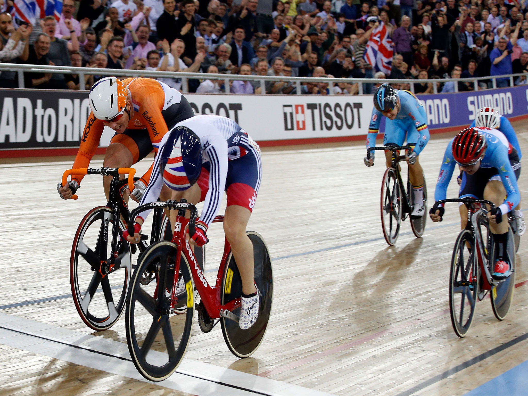 Laura Trott crosses the finish line to win the women’s 10km scratch final at the Track Cycling World Championships at Lee Valley VeloPark, London