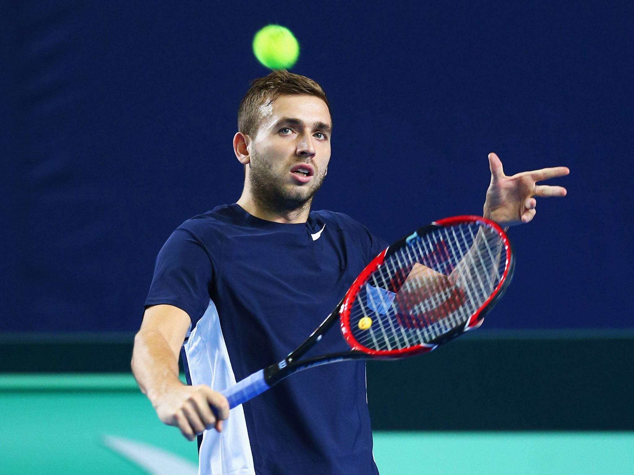 Dan Evans practises in Birmingham ahead of his Davis Cup match with Kei Nishikori