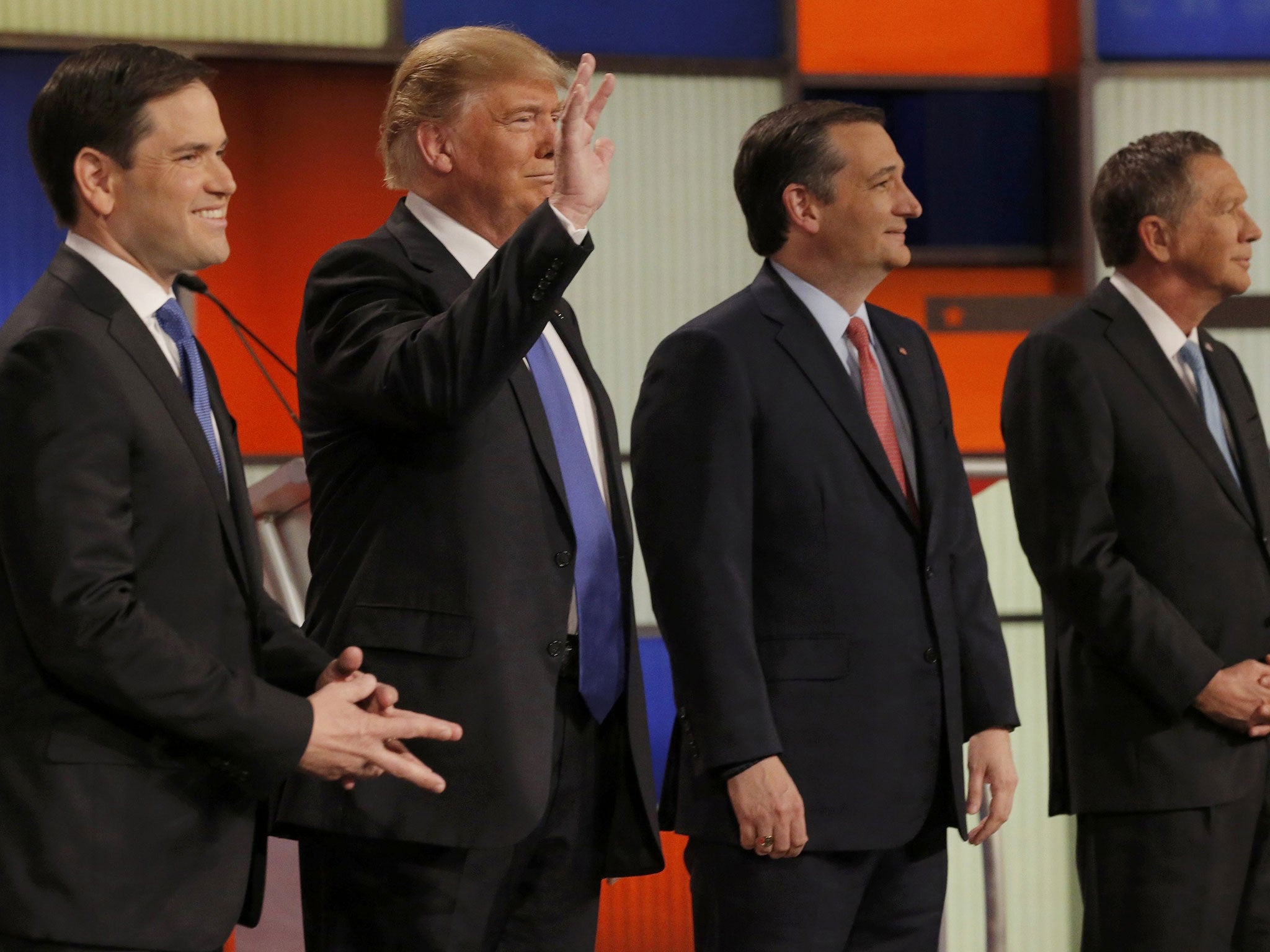 Republican U.S. presidential candidates (L-R) Marco Rubio, Donald Trump, Ted Cruz and John Kasich at the debate in Detroit, Michigan, March 3, 2016.