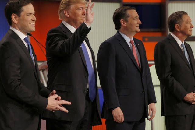Republican U.S. presidential candidates (L-R) Marco Rubio, Donald Trump, Ted Cruz and John Kasich at the debate in Detroit, Michigan, March 3, 2016.