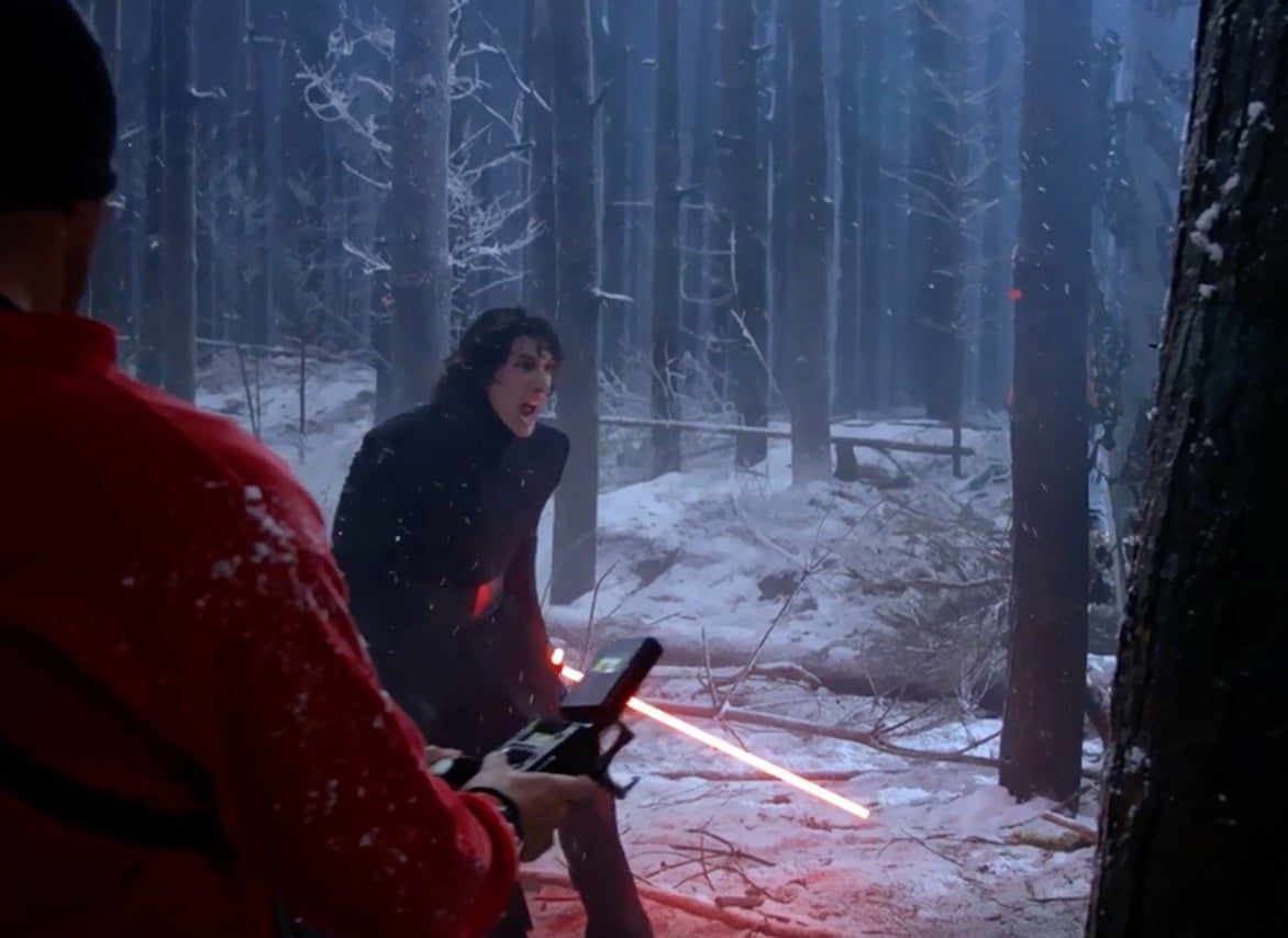 Adam Driver behind the scenes of Star Wars: The Force Awakens