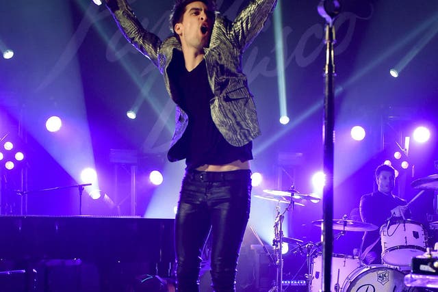 Singer Brendon Urie of Panic! at the Disco performs at the Tower Theatre