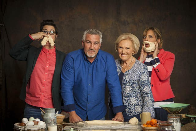 The Great British Bake Off with presenters Sue Perkins, Paul Hollywood, Mary Berry and Mel Giedroyc