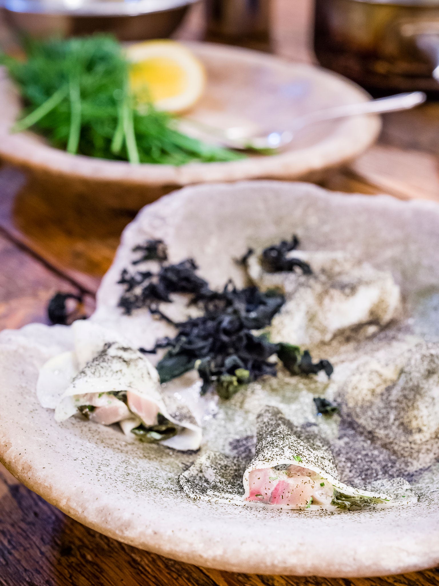 Cured mackerel 'tacos' with pickled wakame