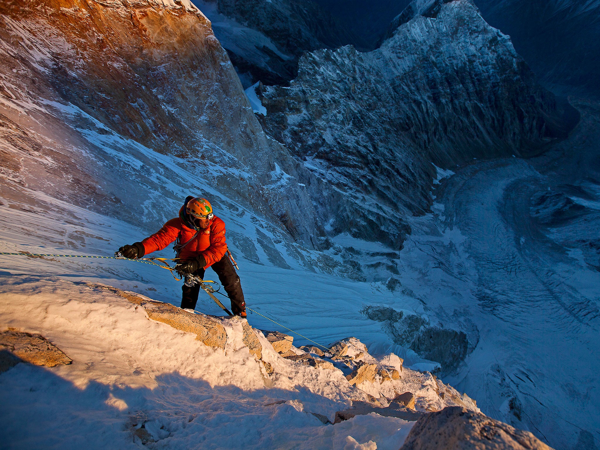 Jimmy Chin at first light on the 11th day of climbing, the day of the push for the summit