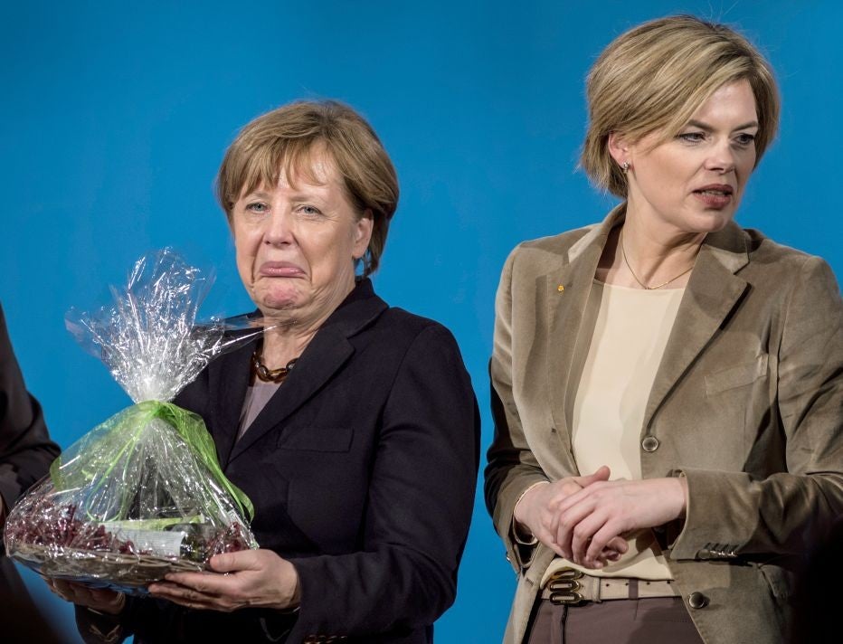 Angela Merkel at a rally with her protégé Julia Klöckner