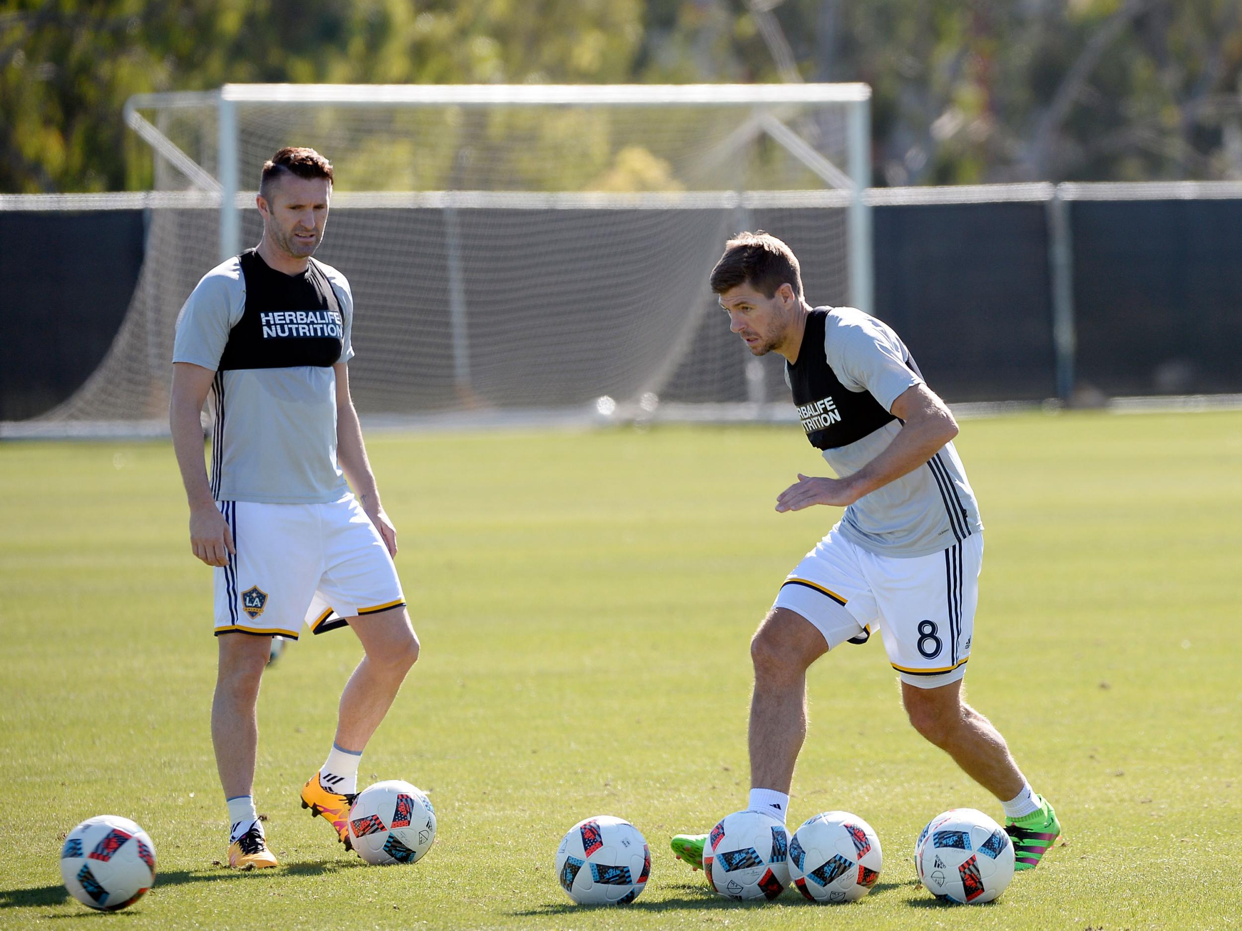 LA Galaxy forward Robbie Keane and midfielder Steven Gerrard in training ahead of the new season