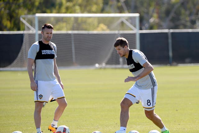 LA Galaxy forward Robbie Keane and midfielder Steven Gerrard in training ahead of the new season