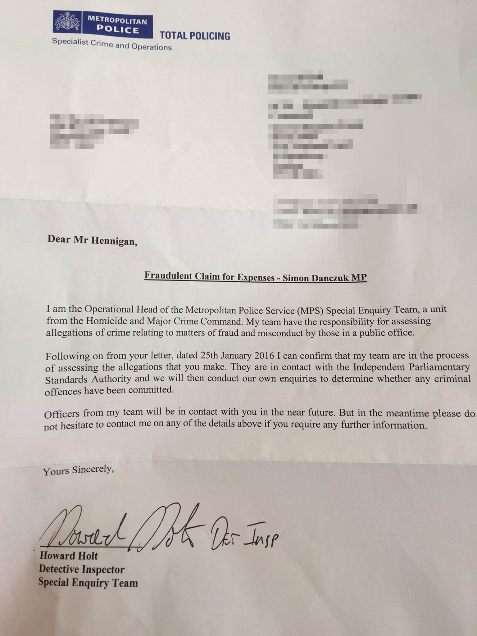 The letter to Mr Hennigan from London Metropolitan Police