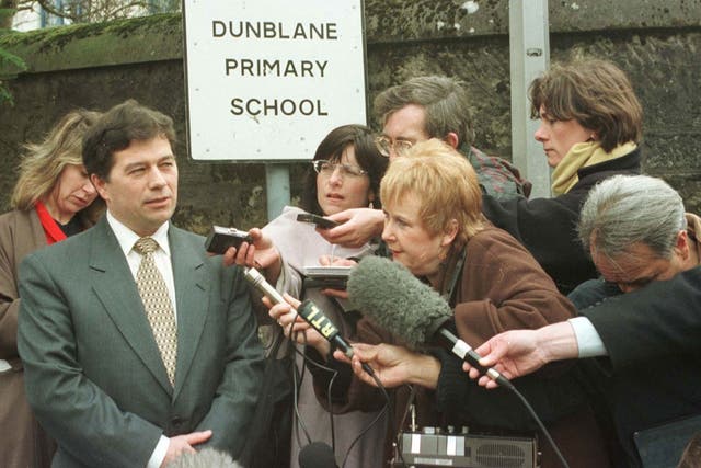 Dunblane Primary School head teacher Ron Taylor speaking to reporters on the day pupils returned following the Dunblane massacre, 22 March 1996