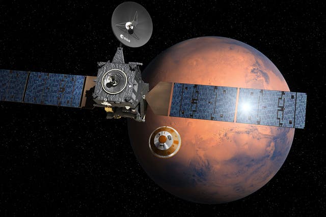 An artist's impression depicting the separation of the ExoMars 2016 entry, descent and landing demonstrator module, named Schiaparelli, from the Trace Gas Orbiter