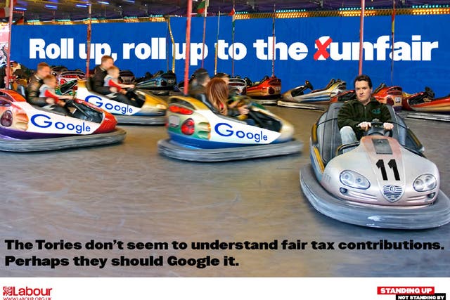 In one poster, George Osborne is mocked up driving a Google-branded dodgem car