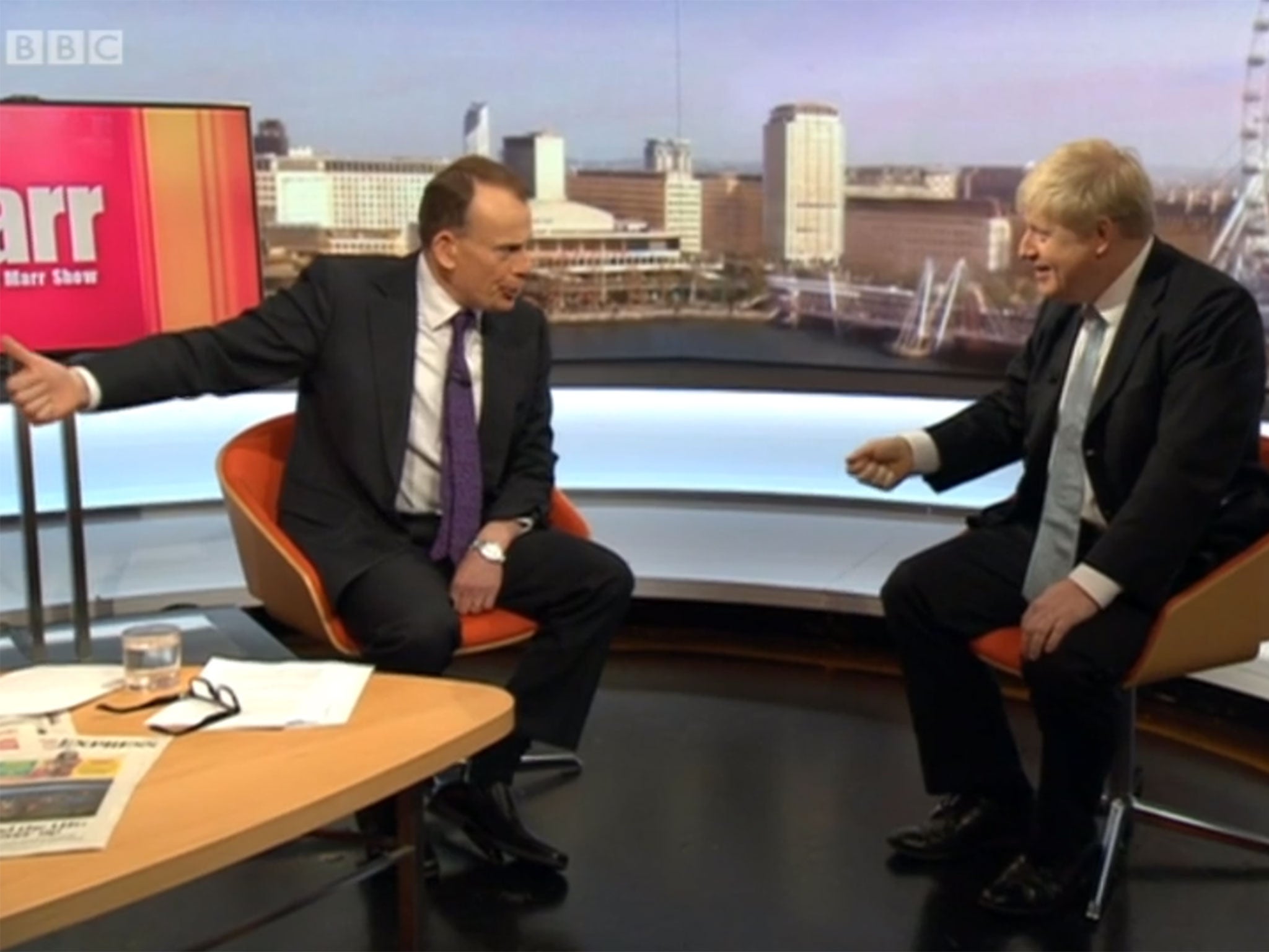 Boris Johnson and Andrew Marr in a heated debate on the Andrew Marr Show, Sunday 6 March 2016