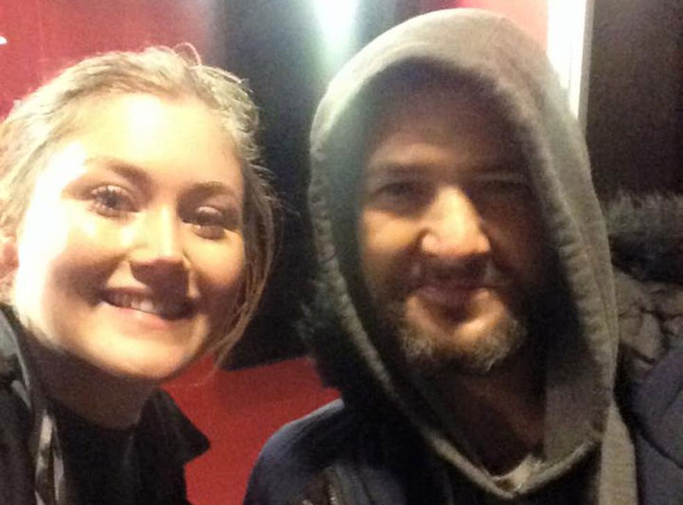 Nicole Sedgebeer with Mark, a homeless man who offered to help her when she missed her last train from Euston